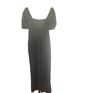 Francesca's Audrey Parks Linen Blend Puff Sleeve Jumpsuit Olive Green Size M